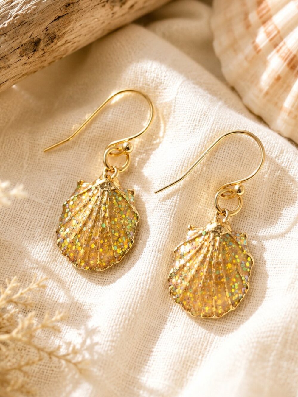 Gold Glitter Clam Shell Dangle Earrings Coastal Beach Mermaid Summer Jewelry